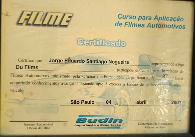 Certificado: Curso para Aplicação de Filmes Automotivos – Oficina do Filme, Budin, São Paulo-SP (2001)