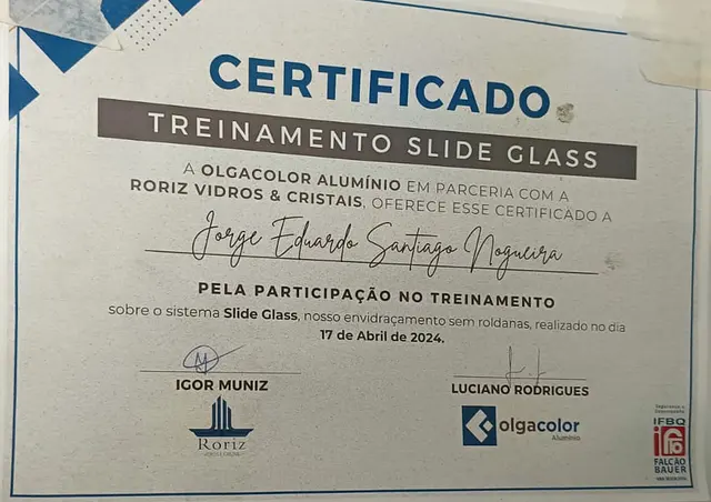 Certificado: Treinamento Slide Glass – Olgacolor Alumínio, Roriz Vidros & Cristais (2024)