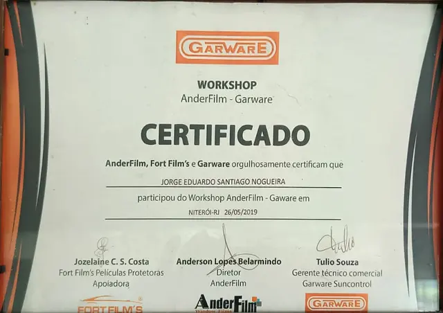 Certificado: Workshop AnderFilm – Garware – AnderFilm, Fort Film’s, Garware, Niterói-RJ (2019)